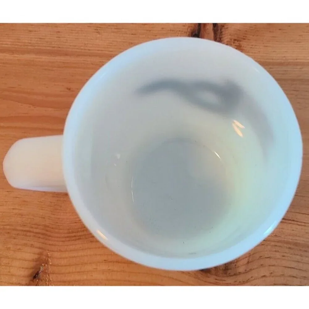 Vintage Anchor Hocking Fire King Milk Glass Advertisement Mug Black River Mining